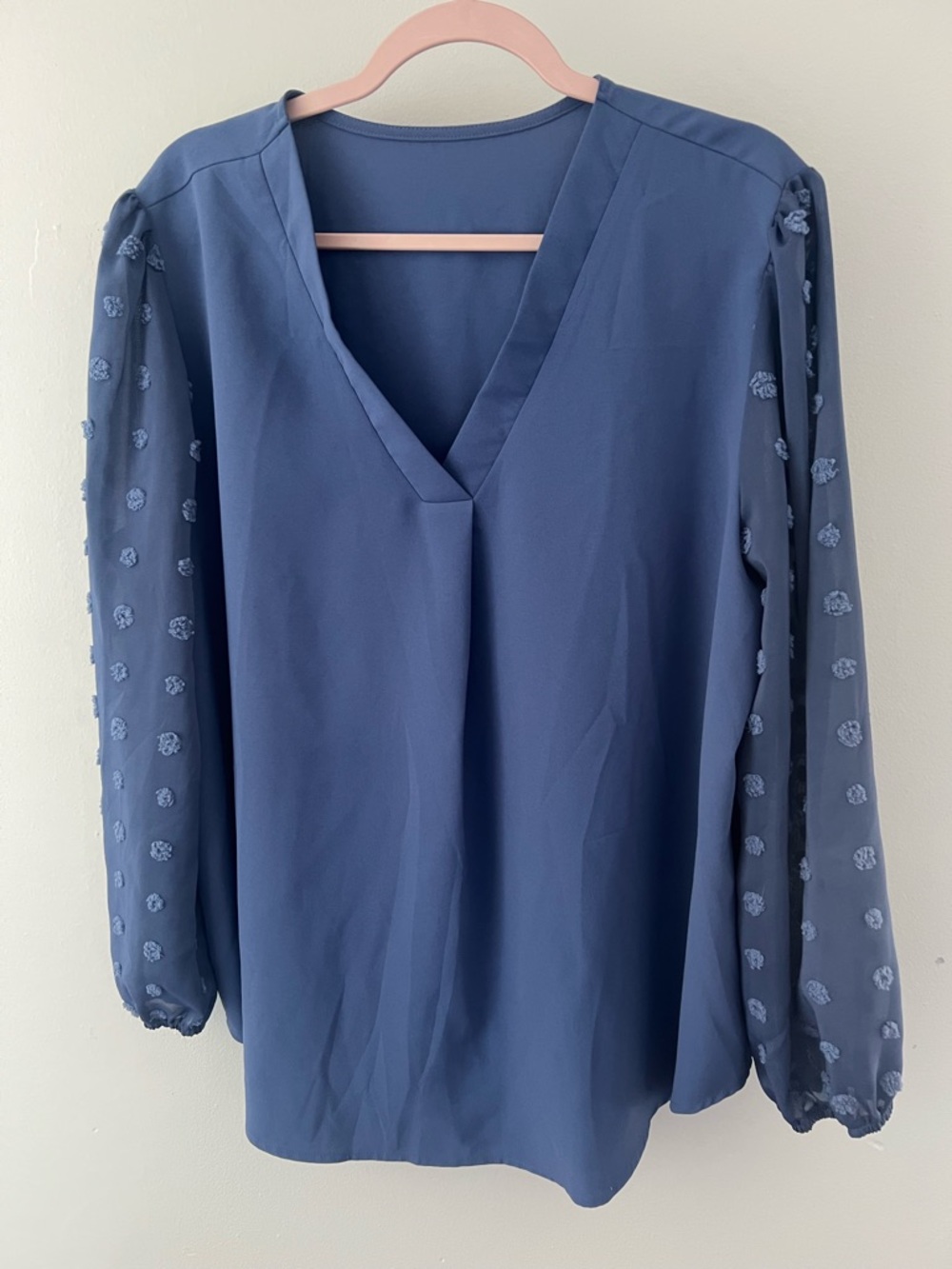 Women's Navy Blue V-Neck Blouse with Textured Sheer Sleeves